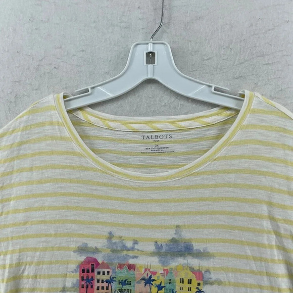 Talbots Blouse Top Women 2X Yellow White Stripe Round Neck Pullover Short Sleeve - Picture 6 of 9